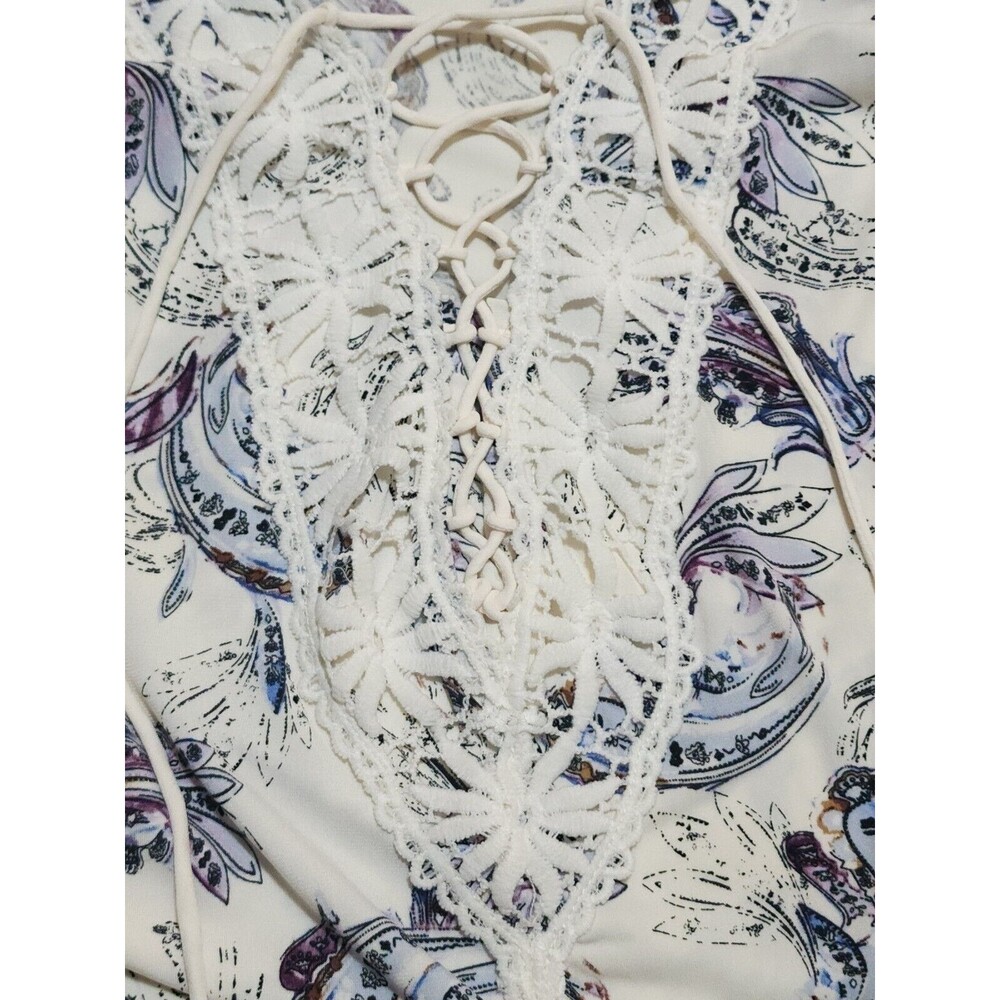 WHBM Womens Boho Blouse White Blue Purple Paisley Lace Up Neck Crochet Size L - Picture 3 of 9